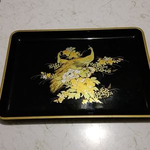 Otagiri Original Gold Peacock Flowers Black Lacquer Tray Dish Hand Crafted Japan